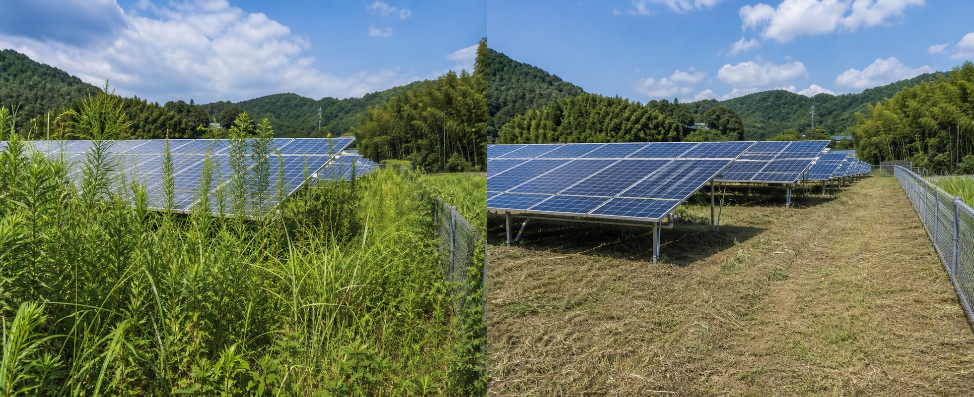 太陽光発電所の草刈り前後を比較する業務例イメージ